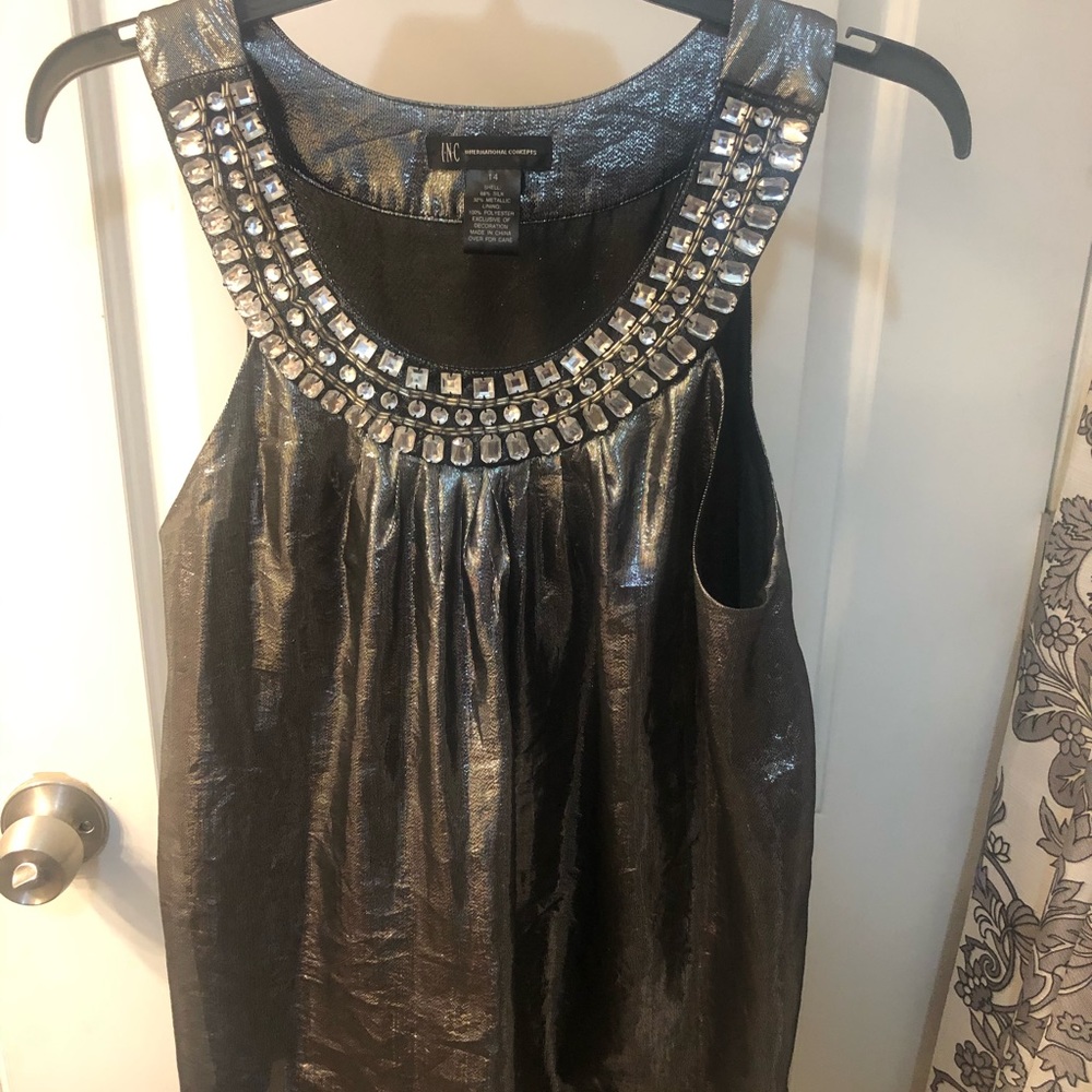 Silver silk jeweled scoopneck sleeveless top